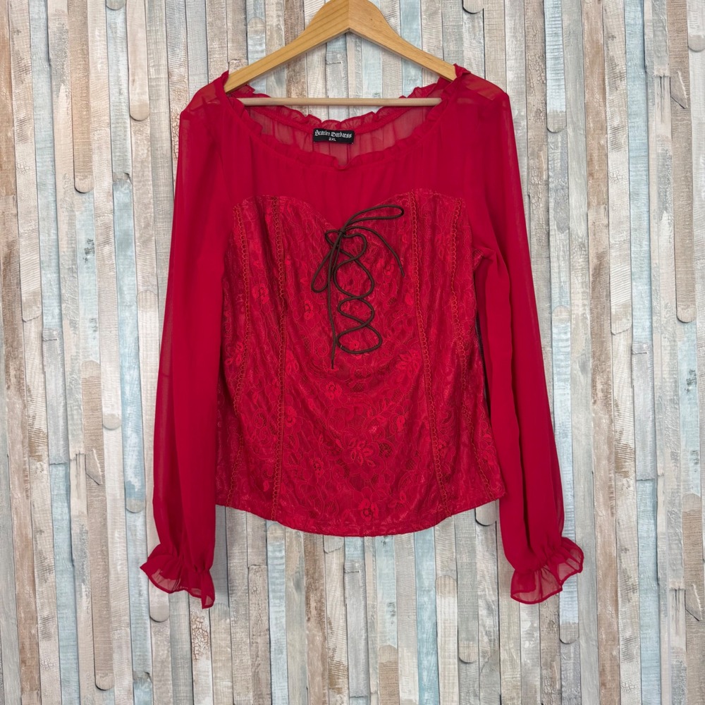 Scarlet Darkness Red Lace Corset Top Sheer Long Sleeve Gothic Renaissance 2XL